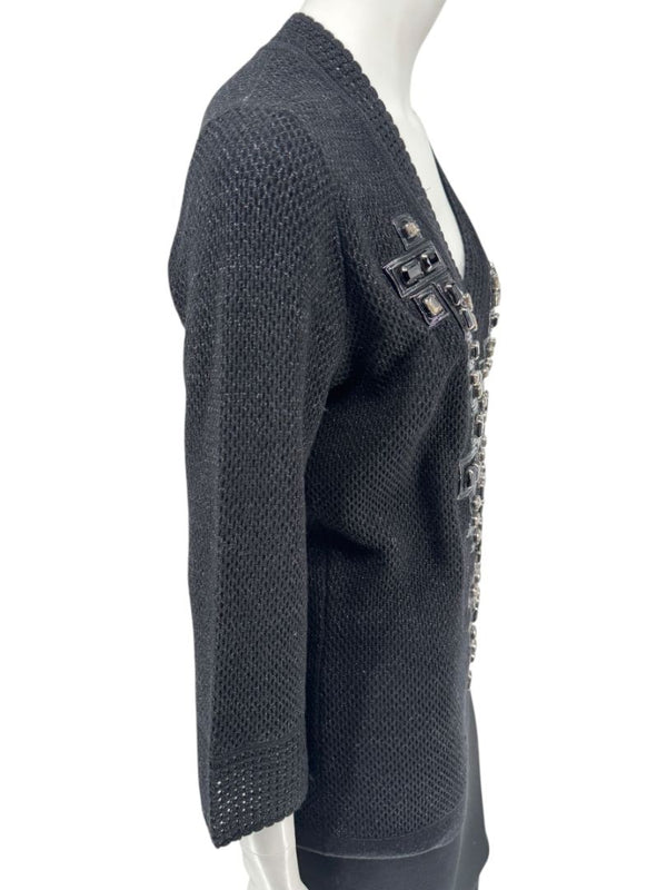 Carolina Herrera Black Embellished Open-Knit V-Neck Sweater – Size XL