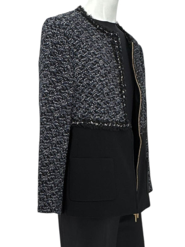 Escada Navy Bouclé & Crepe Zip-Front Jacket – Size 46