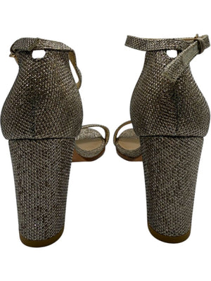 Stuart Weitzman Gold Glitter Ankle-Strap Block Heel Sandals – Size 8.5