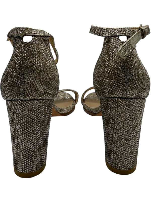 Stuart Weitzman Gold Glitter Ankle-Strap Block Heel Sandals – Size 8.5