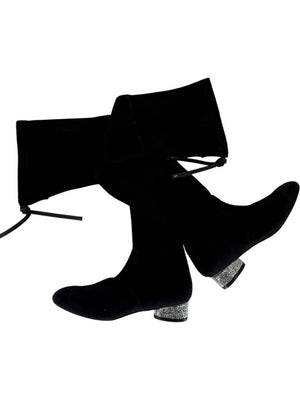 Stuart Weitzman Black Velvet Crystal Heel Over-the-Knee Boots – Size 9