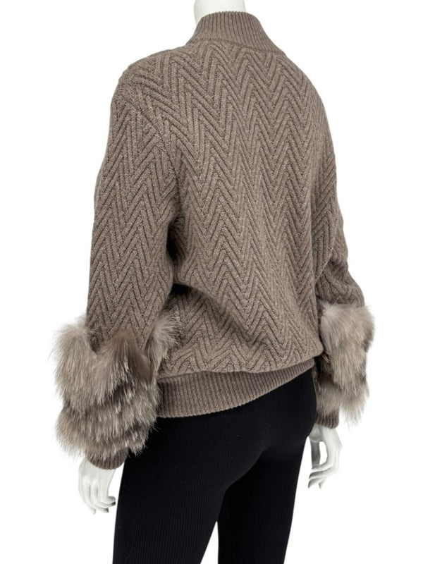 Agnona Taupe Chevron Cashmere Sweater with Fox Fur Cuffs – Size M