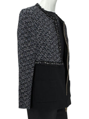 Escada Navy Bouclé & Crepe Zip-Front Jacket – Size 46