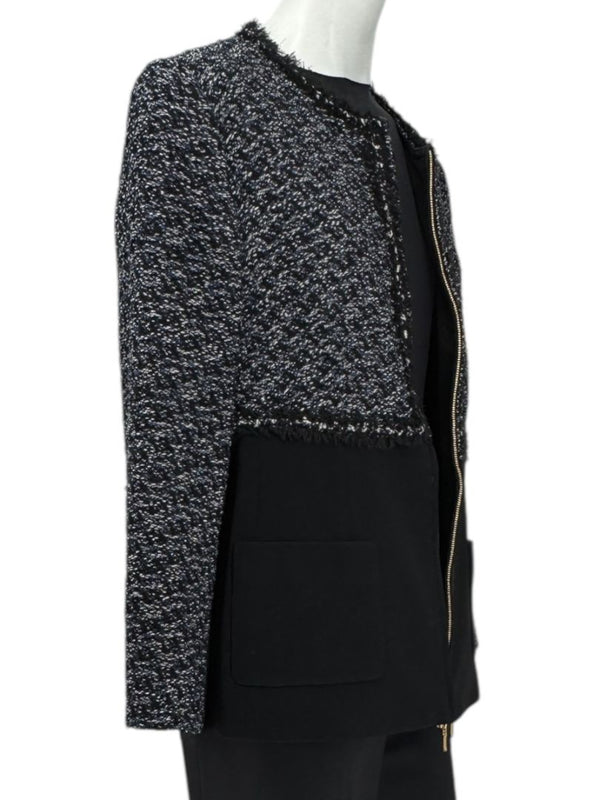 Escada Navy Bouclé & Crepe Zip-Front Jacket – Size 46