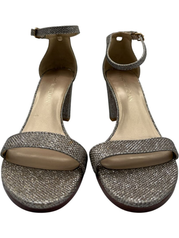 Stuart Weitzman Gold Glitter Ankle-Strap Block Heel Sandals – Size 8.5