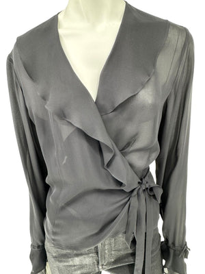 Ron Leal Black Sheer Wrap Blouse – Size 6 US / 42 IT
