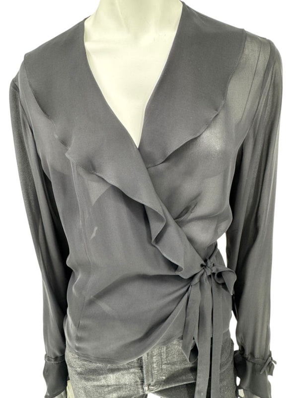 Ron Leal Black Sheer Wrap Blouse – Size 6 US / 42 IT