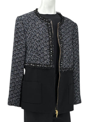 Escada Navy Bouclé & Crepe Zip-Front Jacket – Size 46