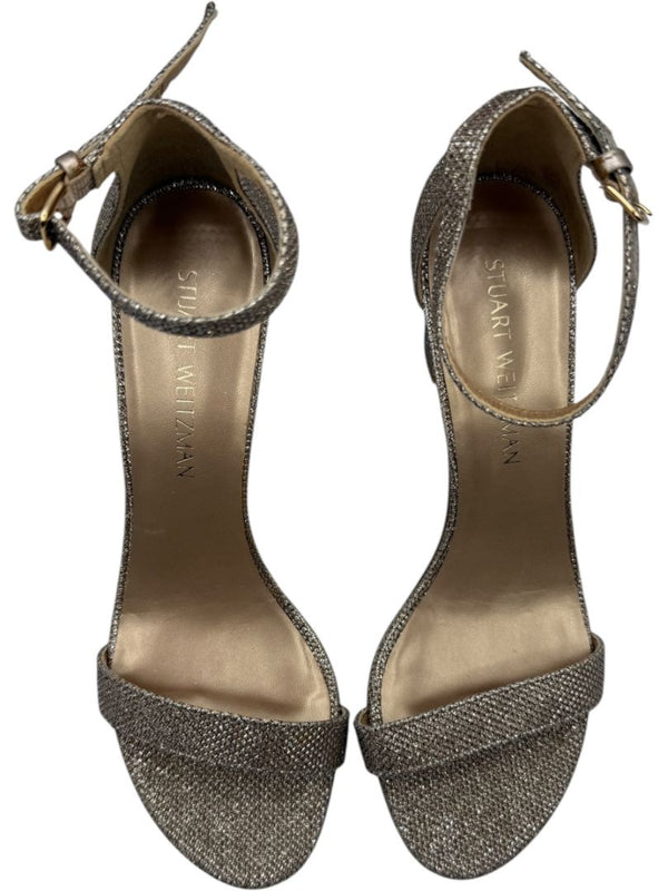 Stuart Weitzman Gold Glitter Ankle-Strap Block Heel Sandals – Size 8.5