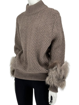 Agnona Taupe Chevron Cashmere Sweater with Fox Fur Cuffs – Size M