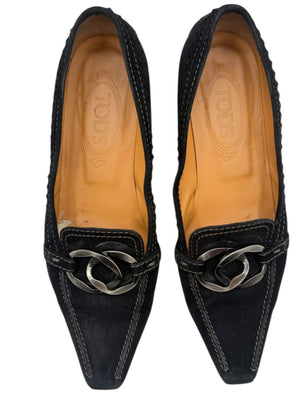 Tod’s Black Suede Chain-Detail Pumps – Size 6.5