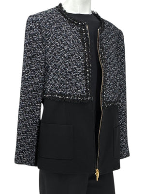 Escada Navy Bouclé & Crepe Zip-Front Jacket – Size 46