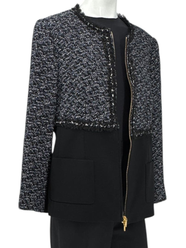 Escada Navy Bouclé & Crepe Zip-Front Jacket – Size 46