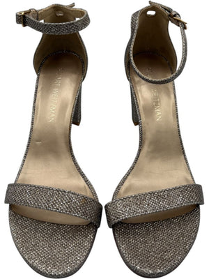 Stuart Weitzman Gold Glitter Ankle-Strap Block Heel Sandals – Size 8.5