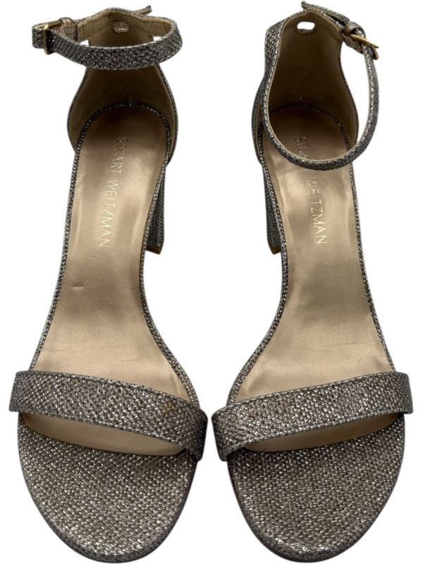 Stuart Weitzman Gold Glitter Ankle-Strap Block Heel Sandals – Size 8.5