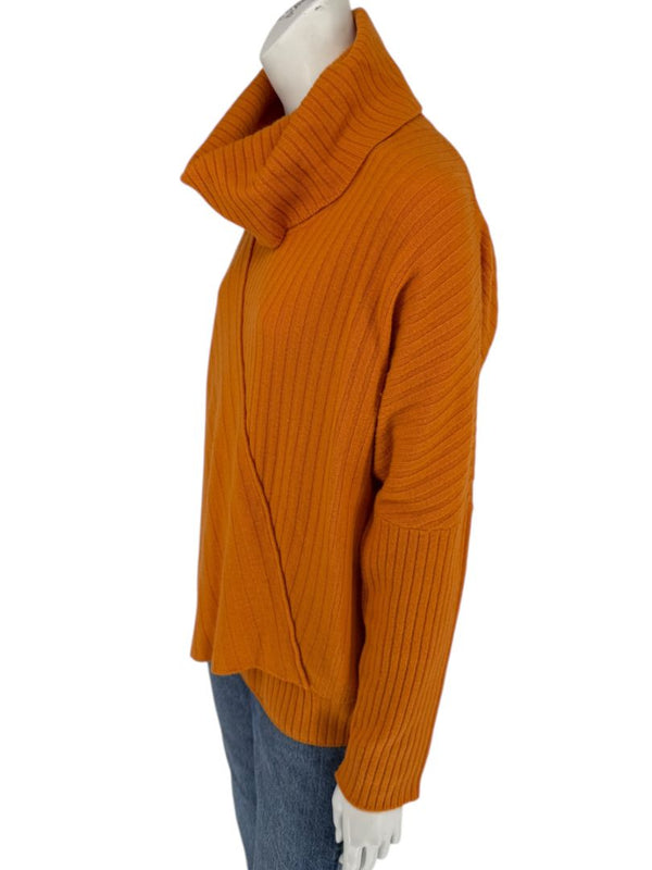 Lafayette 148 New York Burnt Orange Ribbed Wool Cowl Neck Sweater – Size L