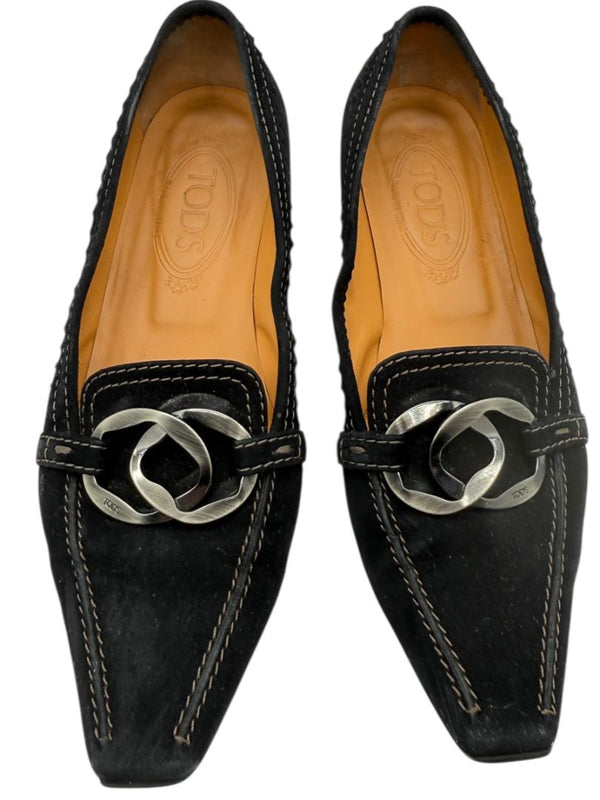 Tod’s Black Suede Chain-Detail Pumps – Size 6.5