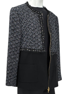 Escada Navy Bouclé & Crepe Zip-Front Jacket – Size 46