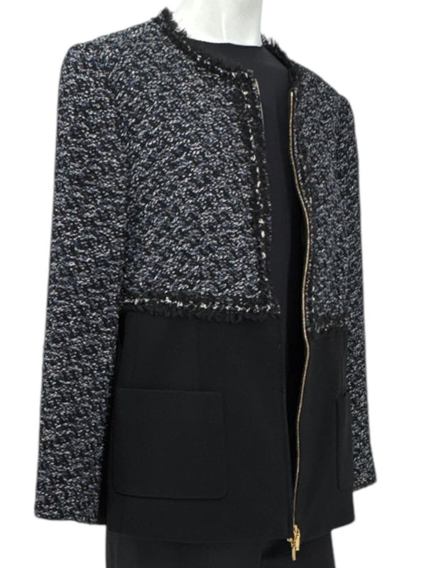 Escada Navy Bouclé & Crepe Zip-Front Jacket – Size 46