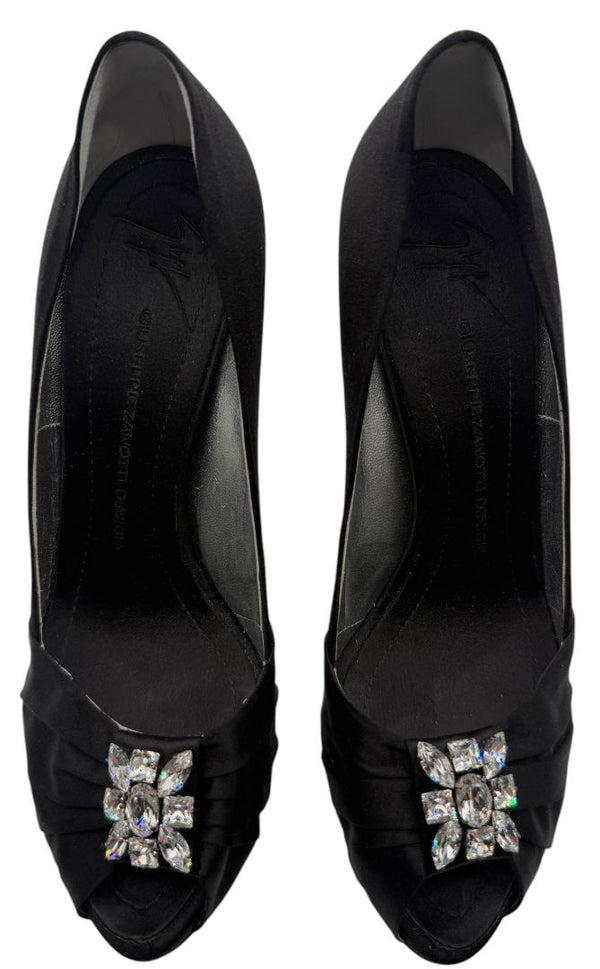 Giuseppe Zanotti Black Satin Crystal Embellished Peep-Toe Heels – Size 41