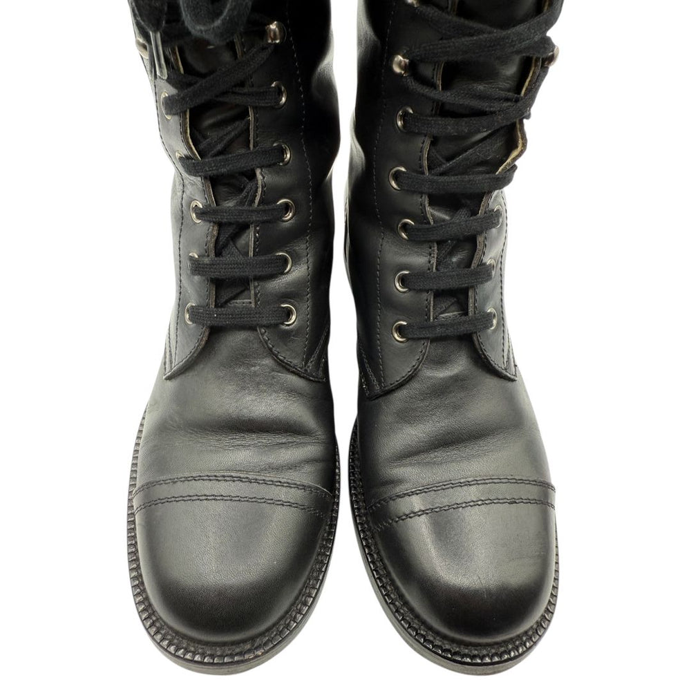 Chanel Black Leather Combat Boots with Knit Cuff – Size 41.5