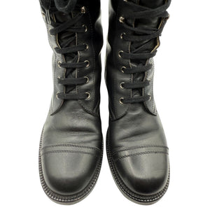 Chanel Black Leather Combat Boots with Knit Cuff – Size 41.5