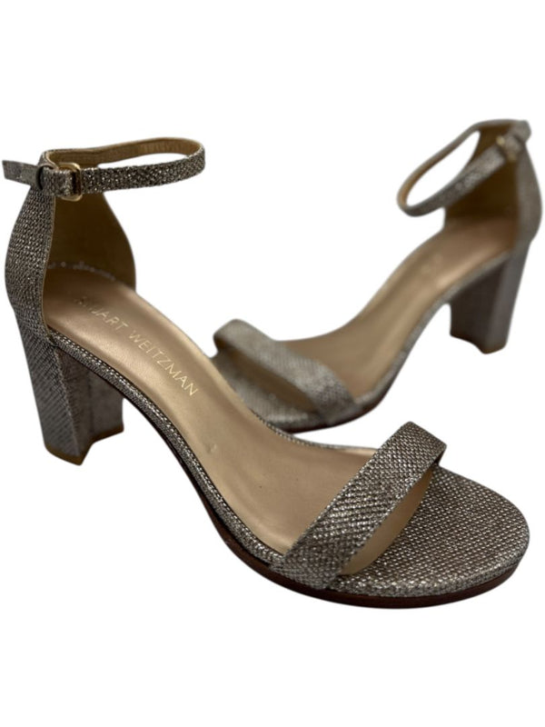 Stuart Weitzman Gold Glitter Ankle-Strap Block Heel Sandals – Size 8.5