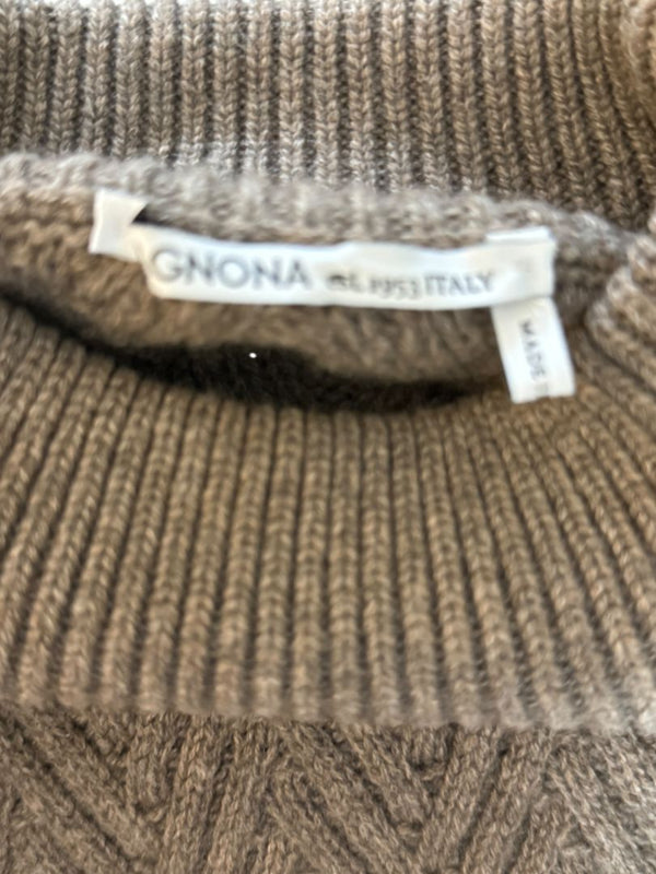 Agnona Taupe Chevron Cashmere Sweater with Fox Fur Cuffs – Size M