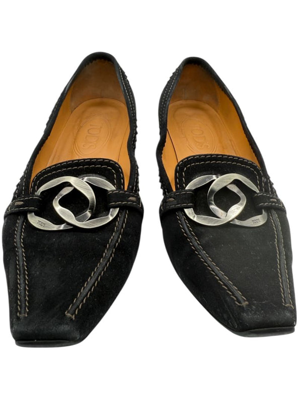 Tod’s Black Suede Chain-Detail Pumps – Size 6.5