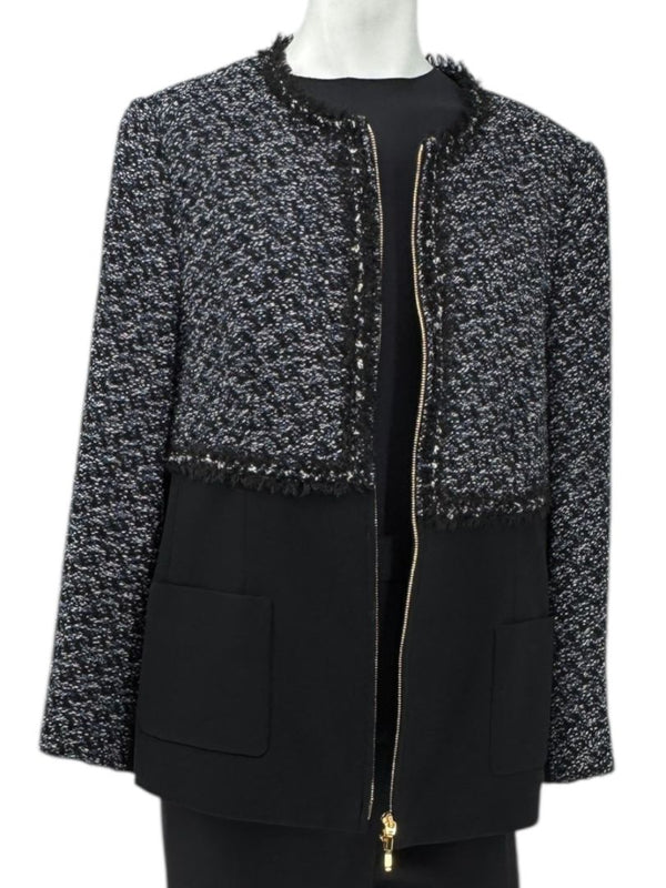 Escada Navy Bouclé & Crepe Zip-Front Jacket – Size 46