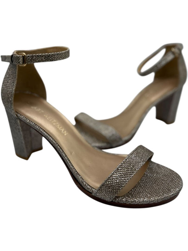 Stuart Weitzman Gold Glitter Ankle-Strap Block Heel Sandals – Size 8.5
