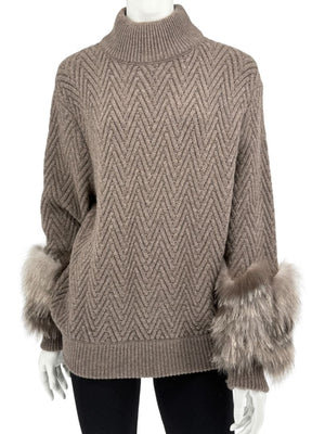 Agnona Taupe Chevron Cashmere Sweater with Fox Fur Cuffs – Size M