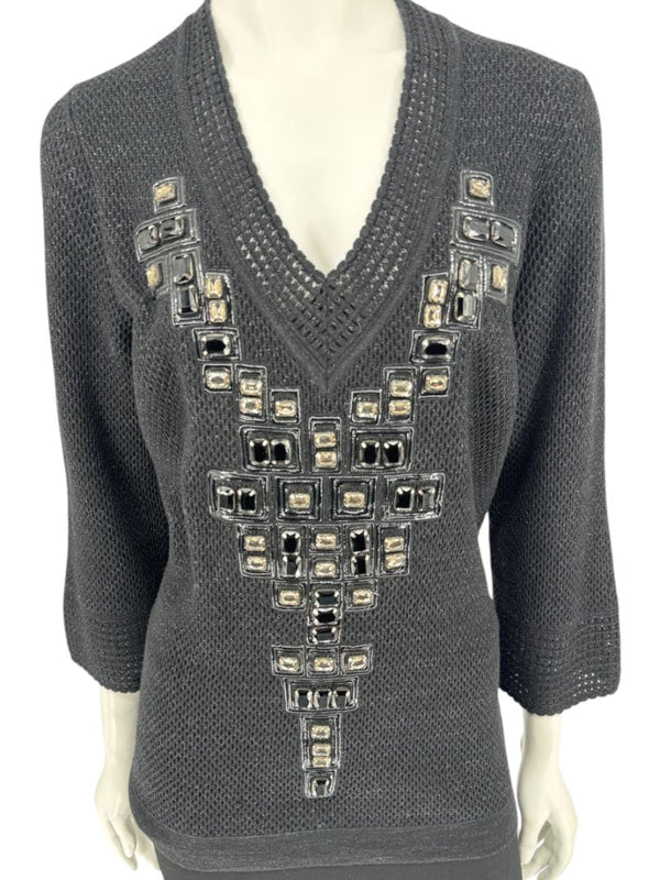 Carolina Herrera Black Embellished Open-Knit V-Neck Sweater – Size XL