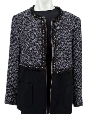 Escada Navy Bouclé & Crepe Zip-Front Jacket – Size 46