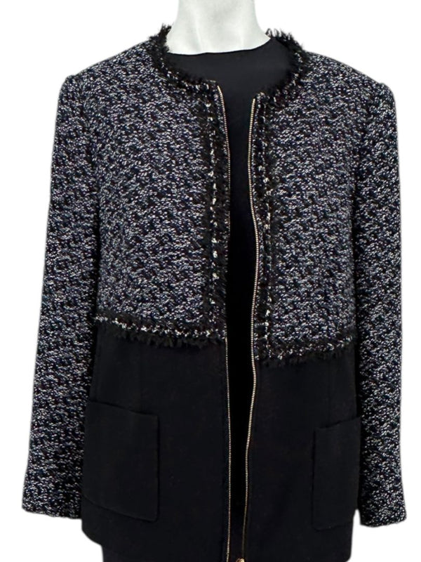 Escada Navy Bouclé & Crepe Zip-Front Jacket – Size 46
