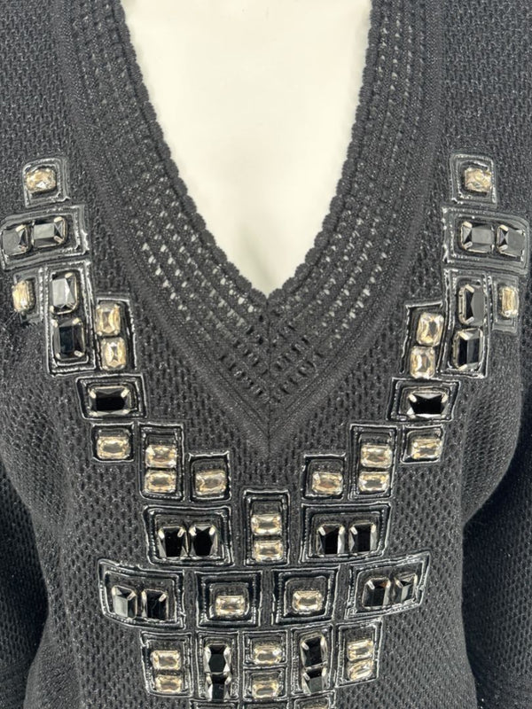 Carolina Herrera Black Embellished Open-Knit V-Neck Sweater – Size XL