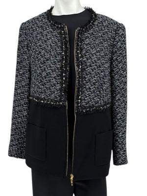 Escada Navy Bouclé & Crepe Zip-Front Jacket – Size 46