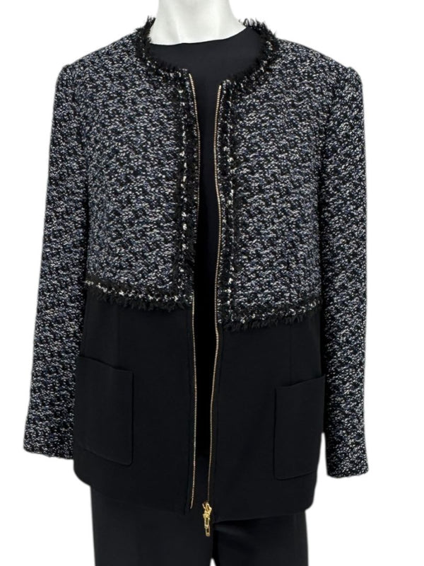 Escada Navy Bouclé & Crepe Zip-Front Jacket – Size 46