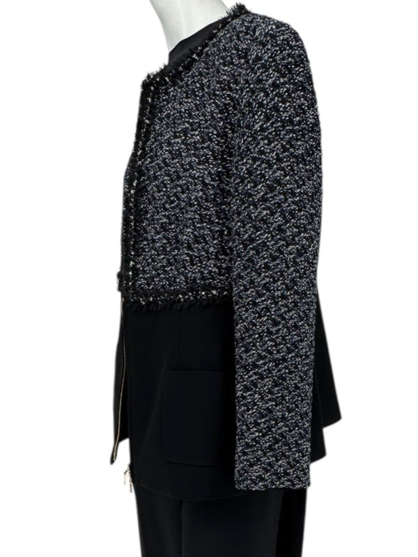 Escada Navy Bouclé & Crepe Zip-Front Jacket – Size 46