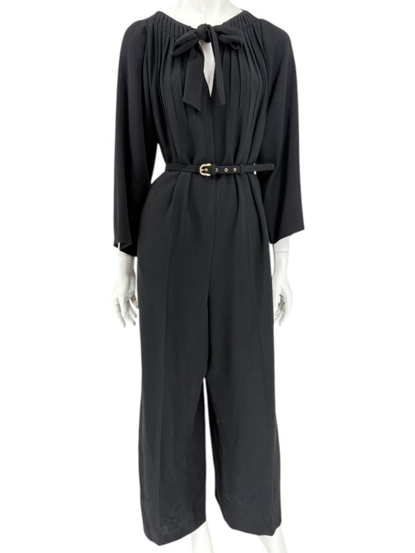 Escada Black Pleated Tie-Neck Belted Jumpsuit – Size EU 46
