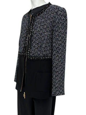 Escada Navy Bouclé & Crepe Zip-Front Jacket – Size 46