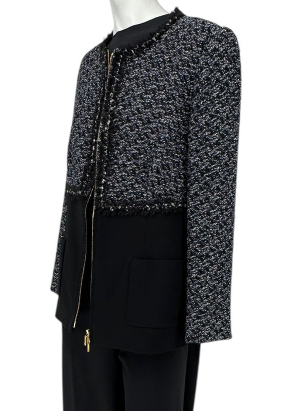 Escada Navy Bouclé & Crepe Zip-Front Jacket – Size 46