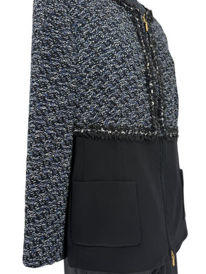 Escada Navy Bouclé & Crepe Zip-Front Jacket – Size 46