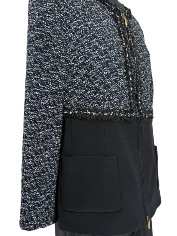Escada Navy Bouclé & Crepe Zip-Front Jacket – Size 46