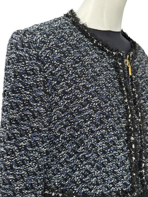 Escada Navy Bouclé & Crepe Zip-Front Jacket – Size 46