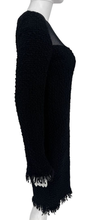 Chanel Runway Fall 2010 Black Wool Tweed Illusion Neckline Dress – Size 38