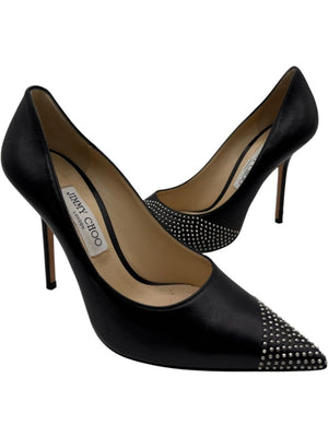 JIMMY CHOO Black Leather Studded Pointed Toe Pumps – Size 39.5