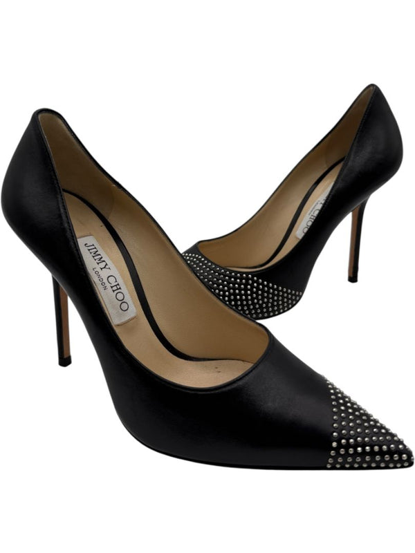 JIMMY CHOO Black Leather Studded Pointed Toe Pumps – Size 39.5
