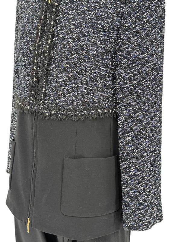 Escada Navy Bouclé & Crepe Zip-Front Jacket – Size 46