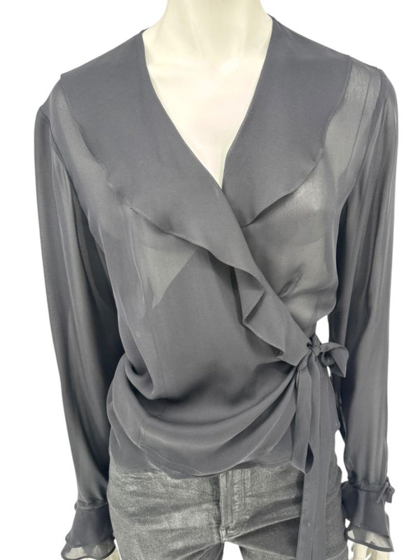 Ron Leal Black Sheer Wrap Blouse – Size 6 US / 42 IT